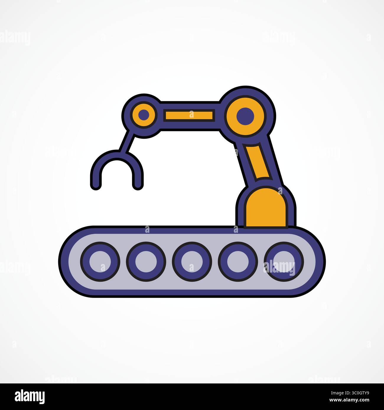 Förderband mit Roboterarm – AI Industrial Automation System, Vektorschild, Symbol, Logo-Illustration. Vektorgrafiken für Präsentation und Sonstiges Stock Vektor