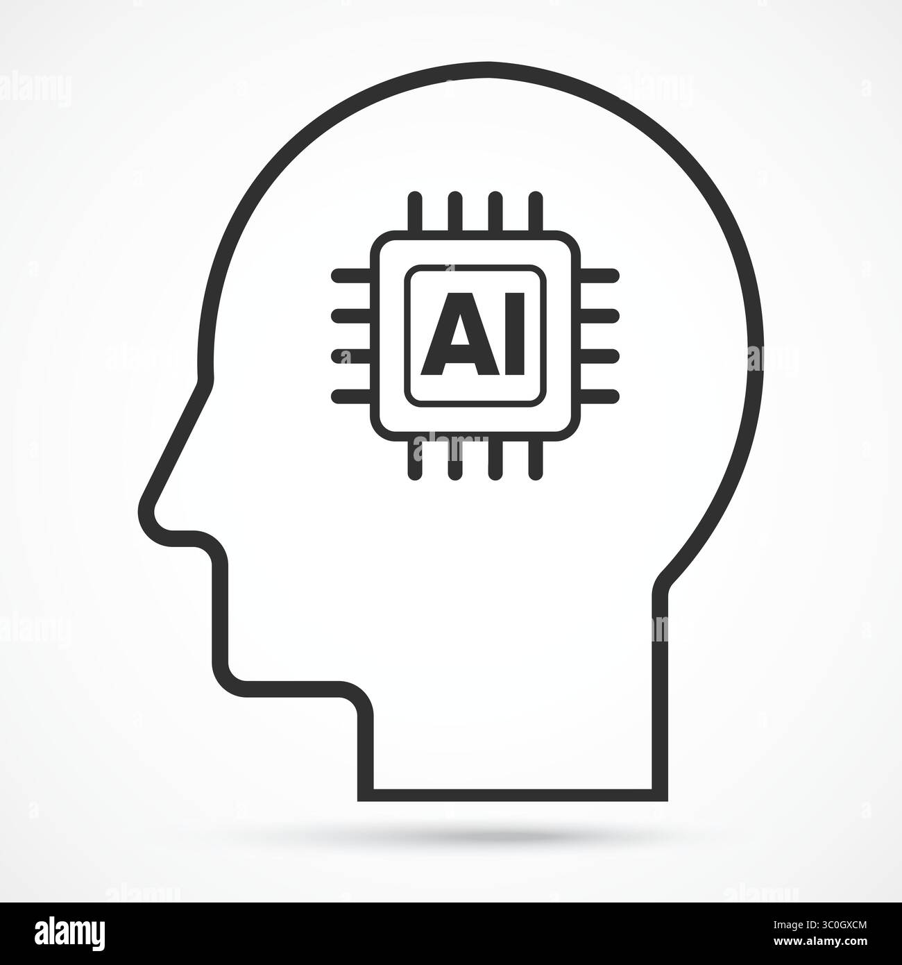Menschlicher Kopf mit eingebettetem Microchip-Symbol mit weißem Hintergrund, Konzept der KI-Gehirnintegration und des Smart Thinking Systems, Symbol, Logo-Illustration. Stock Vektor