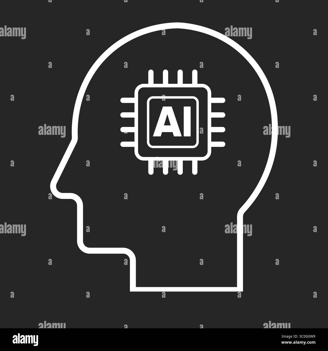 Menschlicher Kopf mit eingebettetem Microchip-Symbol auf schwarz-weißem Hintergrund, Konzept der KI-Gehirnintegration und des Smart Thinking Systems, Symbol, Logo Stock Vektor