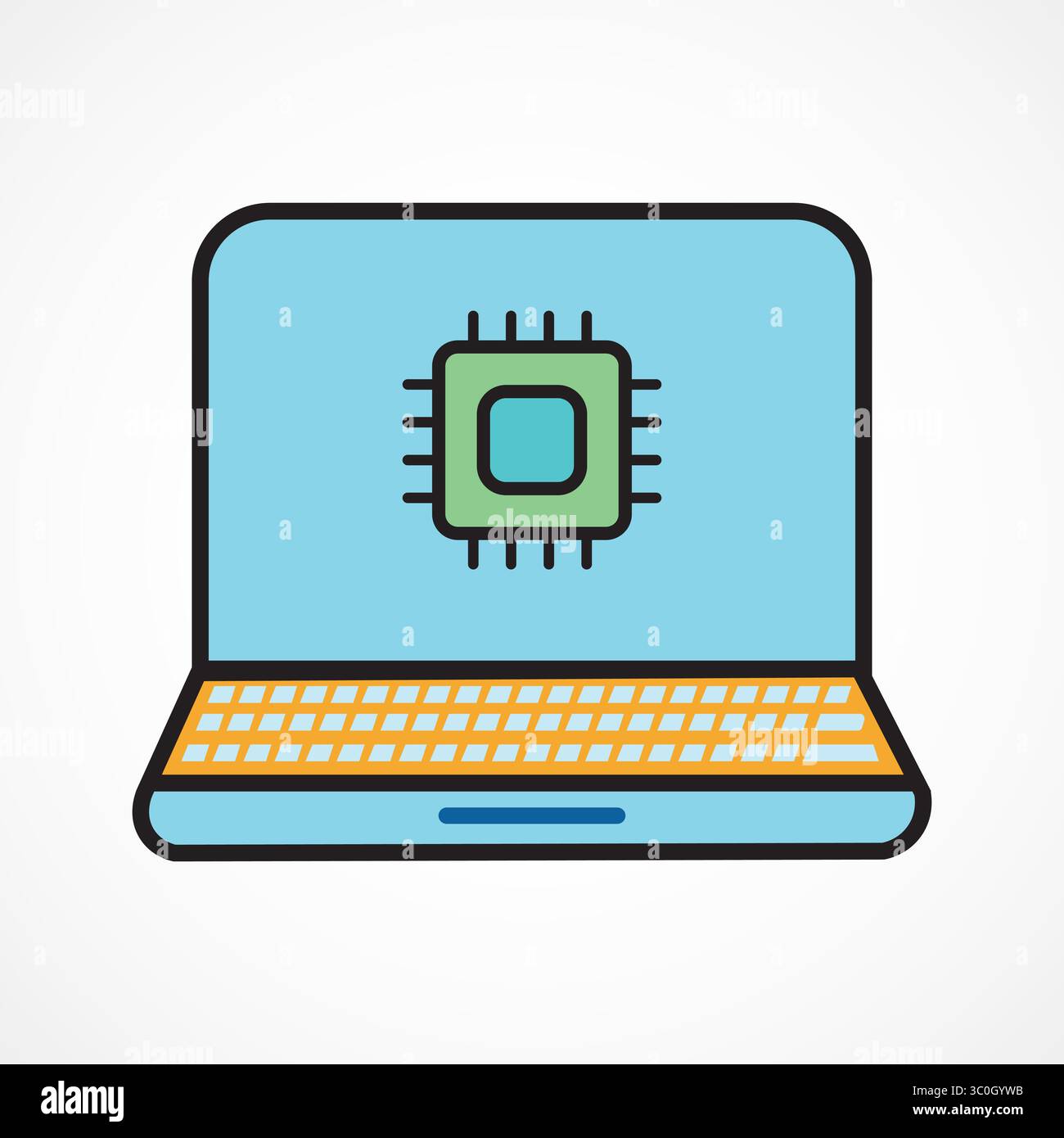 Vektorillustration eines Laptops mit KI-Mikrochip – futuristische Computertechnologie, Prozessorsymbol, Konzept für maschinelles Lernen Stock Vektor