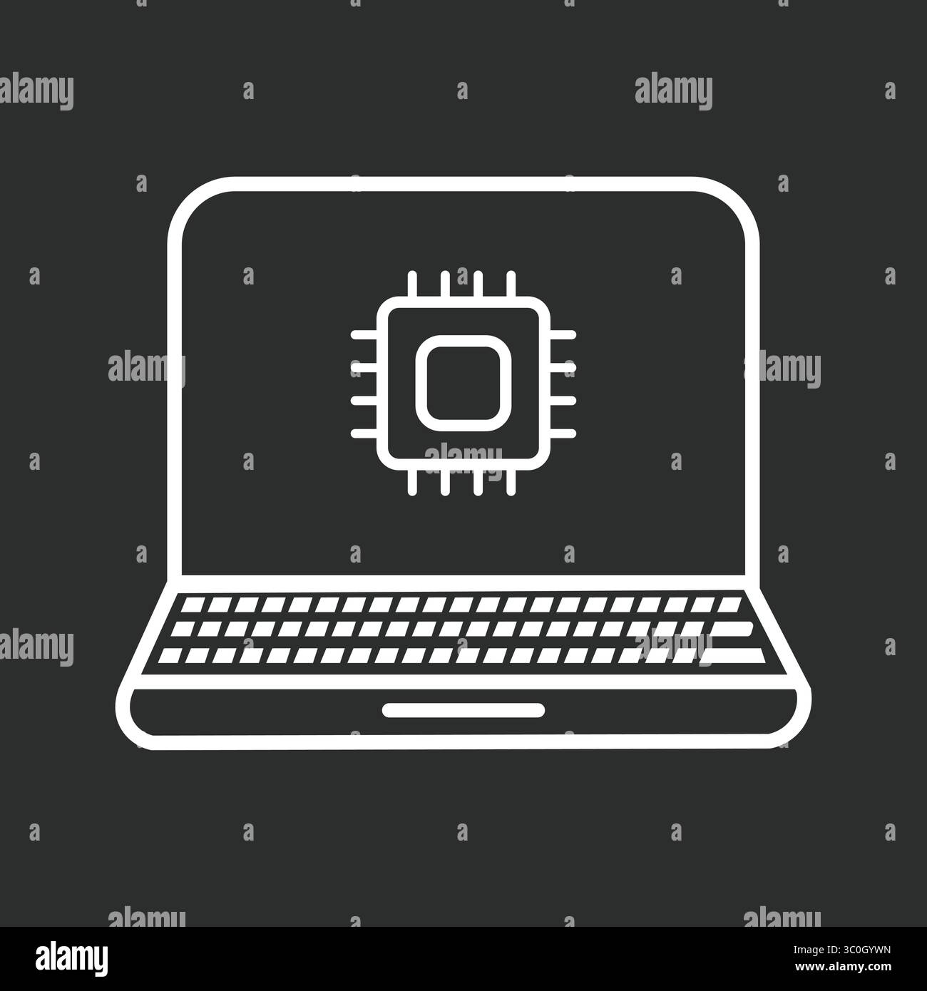 Vektorillustration eines Laptops mit KI-Mikrochip in Schwarz-weiß-Hintergrund – Symbol für Prozessor der futuristischen Computertechnologie, Konzept für maschinelles Lernen Stock Vektor