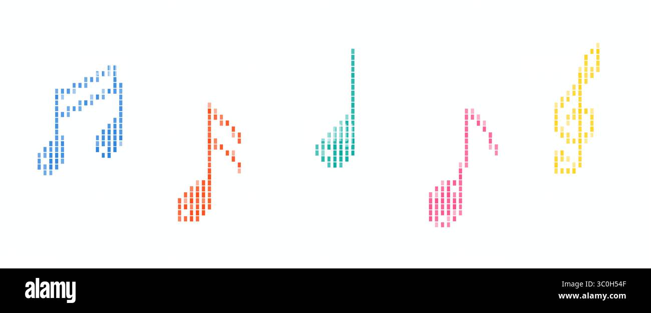 Pixelgrafik-Illustration eines isolierten Notensymbols in bunt gestaltetem Design Stockfoto
