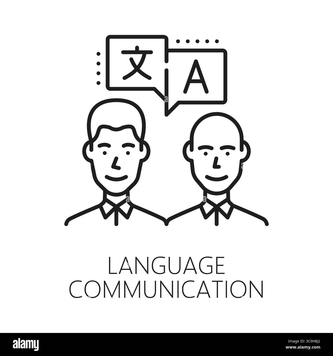Englischsprachige Kommunikation und Übersetzungszeilensymbol oder -Emblem. Englisches Wörterbuch Lineares Vektorzeichen, Übersetzungssymbol. Fremdsprachensymbol mit zwei kommunizierenden Männern Stock Vektor