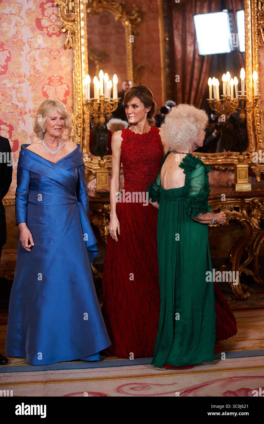 Prinz Felipe und Prinzessin Letizia nehmen an einem offiziellen Abendessen mit Prinz Charles & Camila, Herzogin von Cornwall im Palacio Real in Madrid Teil. Prinz Felipe von Spanien. HERZOGIN VON ALBA CAYETANA FITZ-JAMES STUART. PRINZESSIN LETIZIA VON SPANIEN. PRINZ CHARLES VON WALES. CAMILLA HERZOGIN VON CORNWALL. Stockfoto