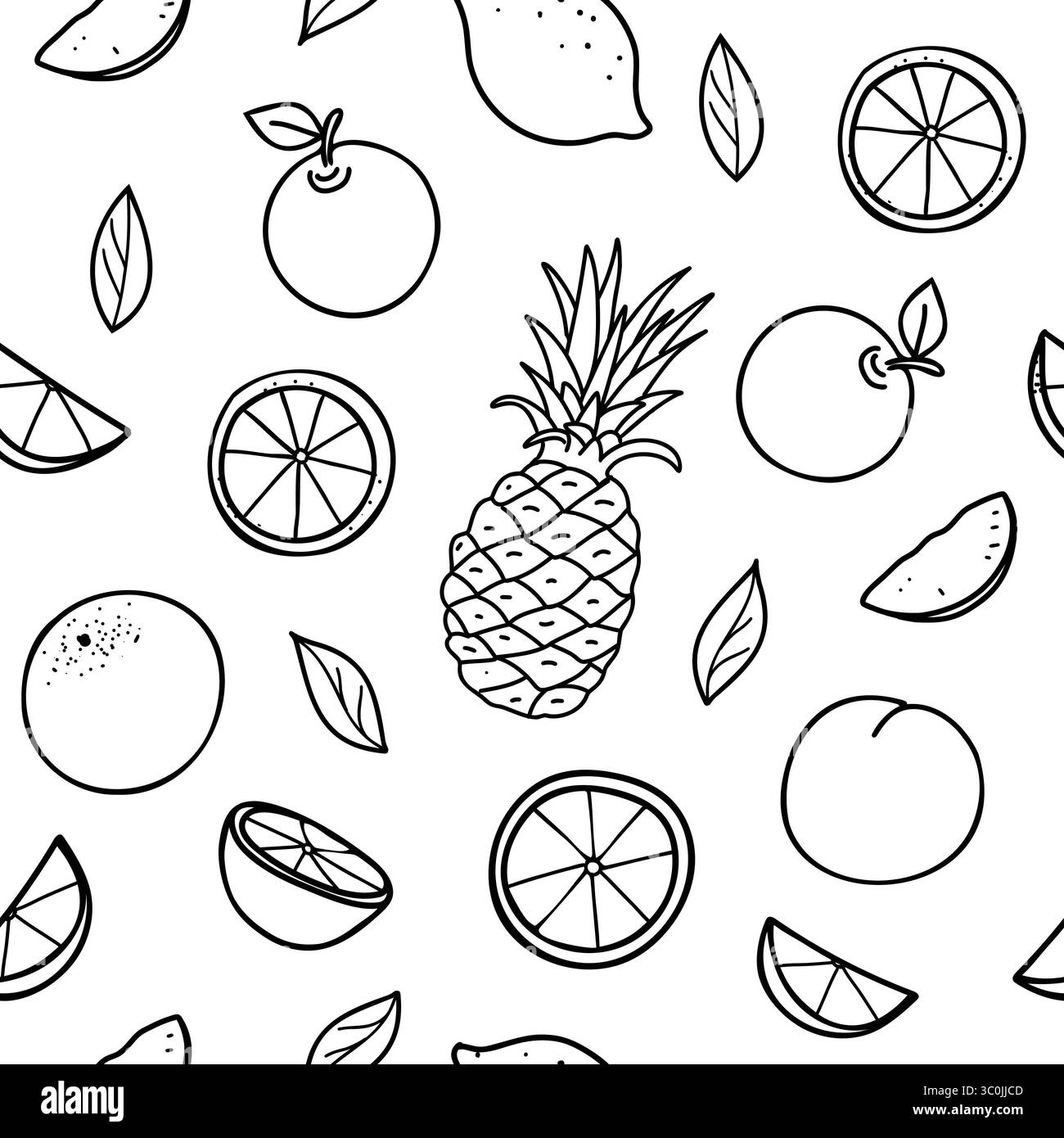 Frucht nahtloses Vektormuster mit Zitronen, Orangen, Äpfeln, Pfirsichen und Ananas. Exotische Obstzeichnung im Doodle-Stil. Für Verpackungspapier Stock Vektor