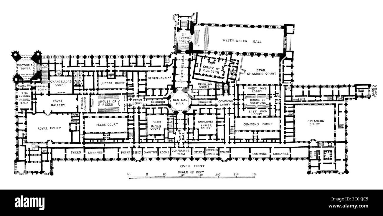 1854 Gravur des Grundrisses der damaligen Houses of Parliament in London. Stockfoto