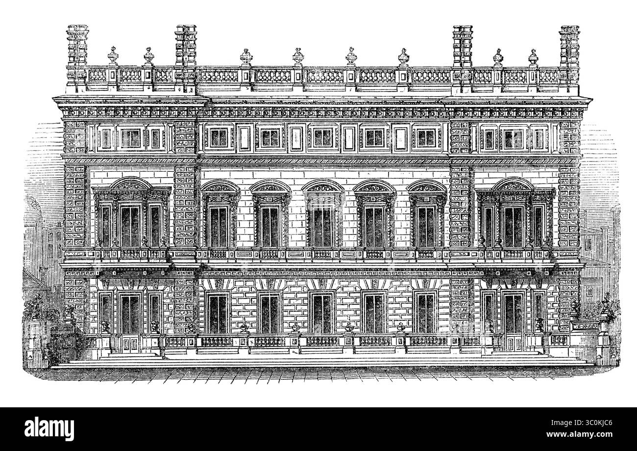 1854 Gravur der Fassade des Bridgewater House in Cleveland Row, Westminster, London. Der Architekt Sir Charles Barry hatte es gerade für Francis Egerton, 1. Earl of Ellesmere, Erbe von John Egerton, dem 3. Duke of Bridgewater, neu gestaltet. Stockfoto
