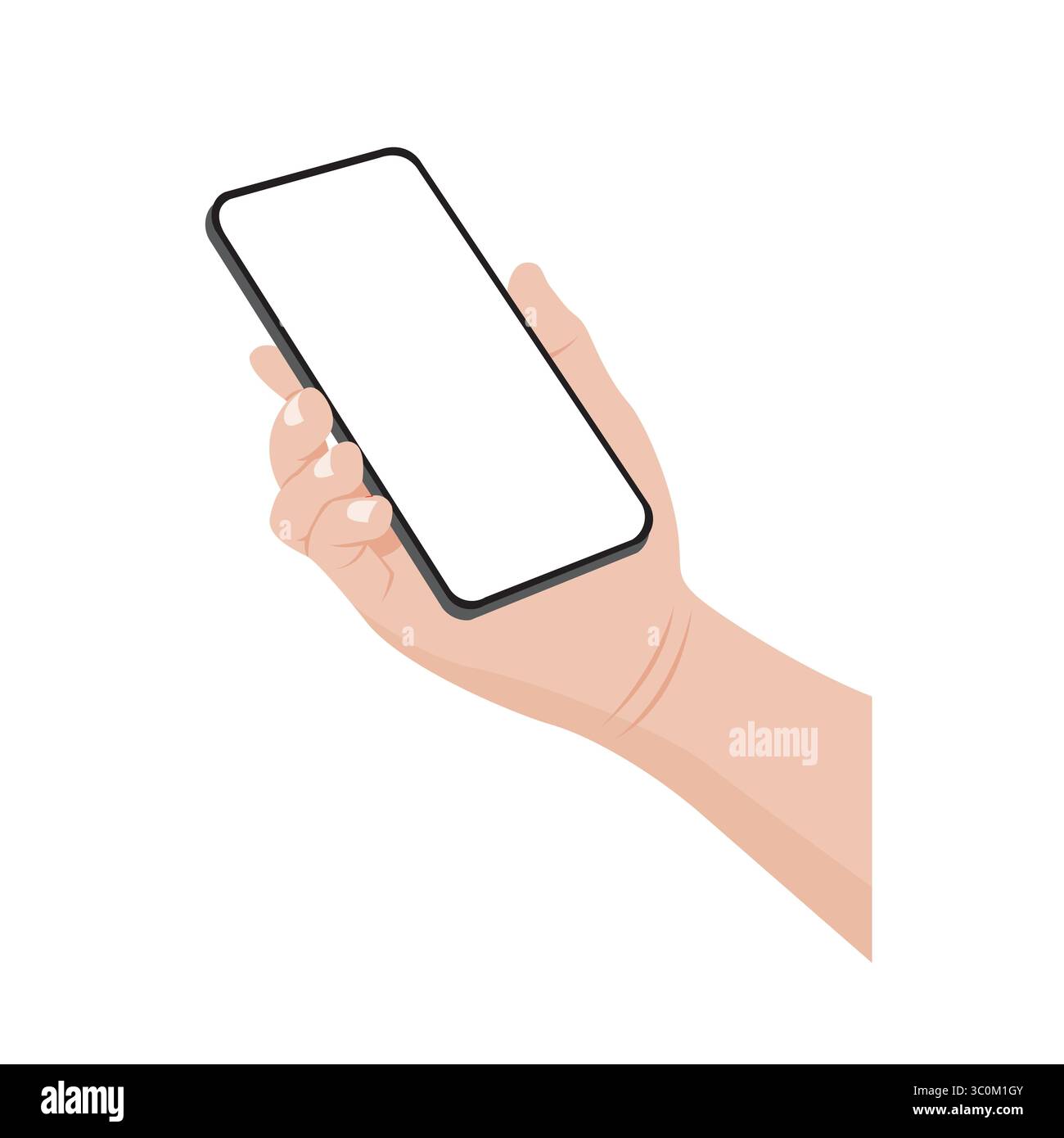Smartphone in Handhaltung mit leerem Bildschirm auf weißem Hintergrund. Vektorabbildung. Stock Vektor
