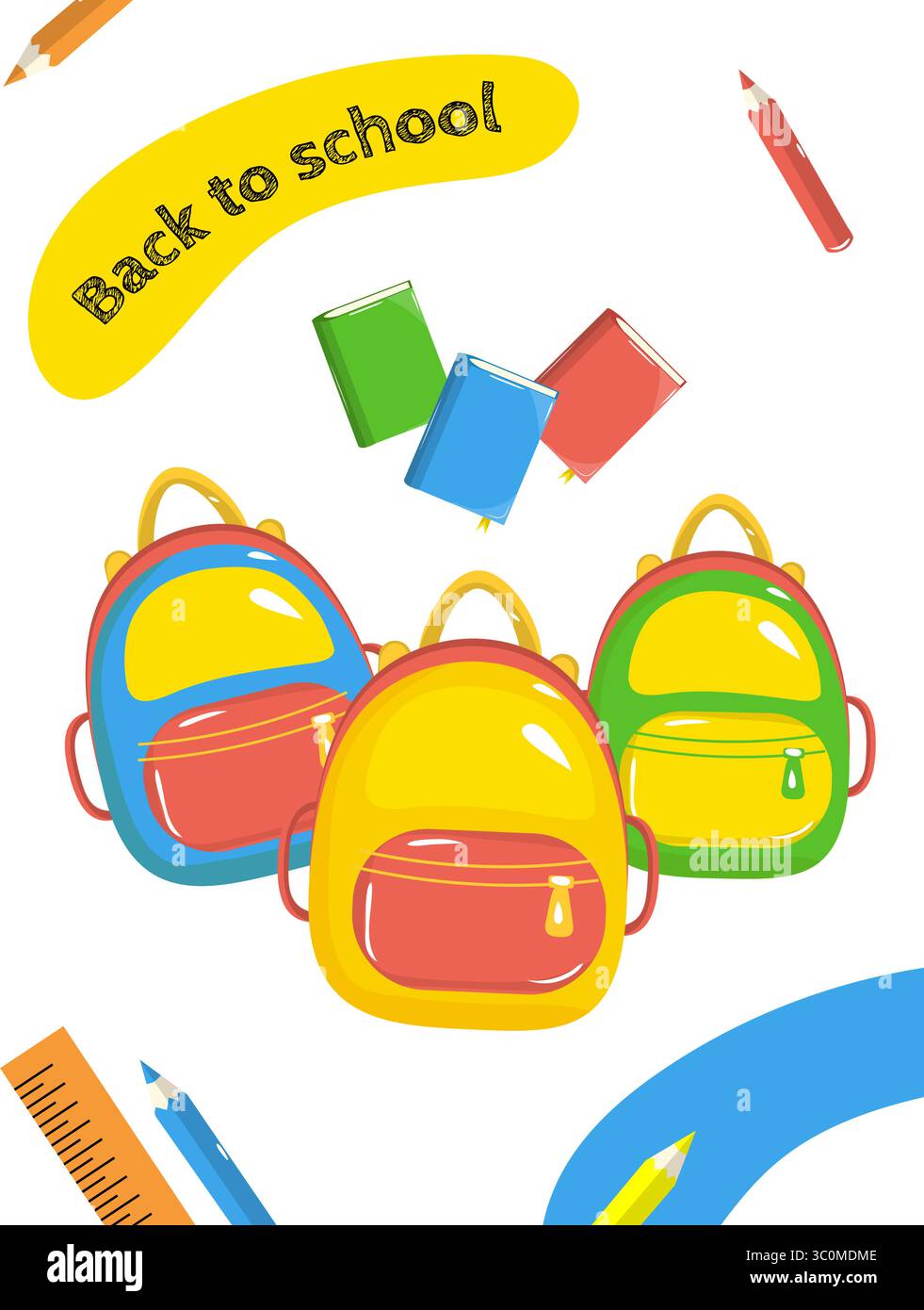 Helle Vorlage im Schulstil mit Rucksack, Büchern und bunten Bleistiften auf weißem Hintergrund. Vektorillustration für Anzeigen, Banner und Design Stock Vektor