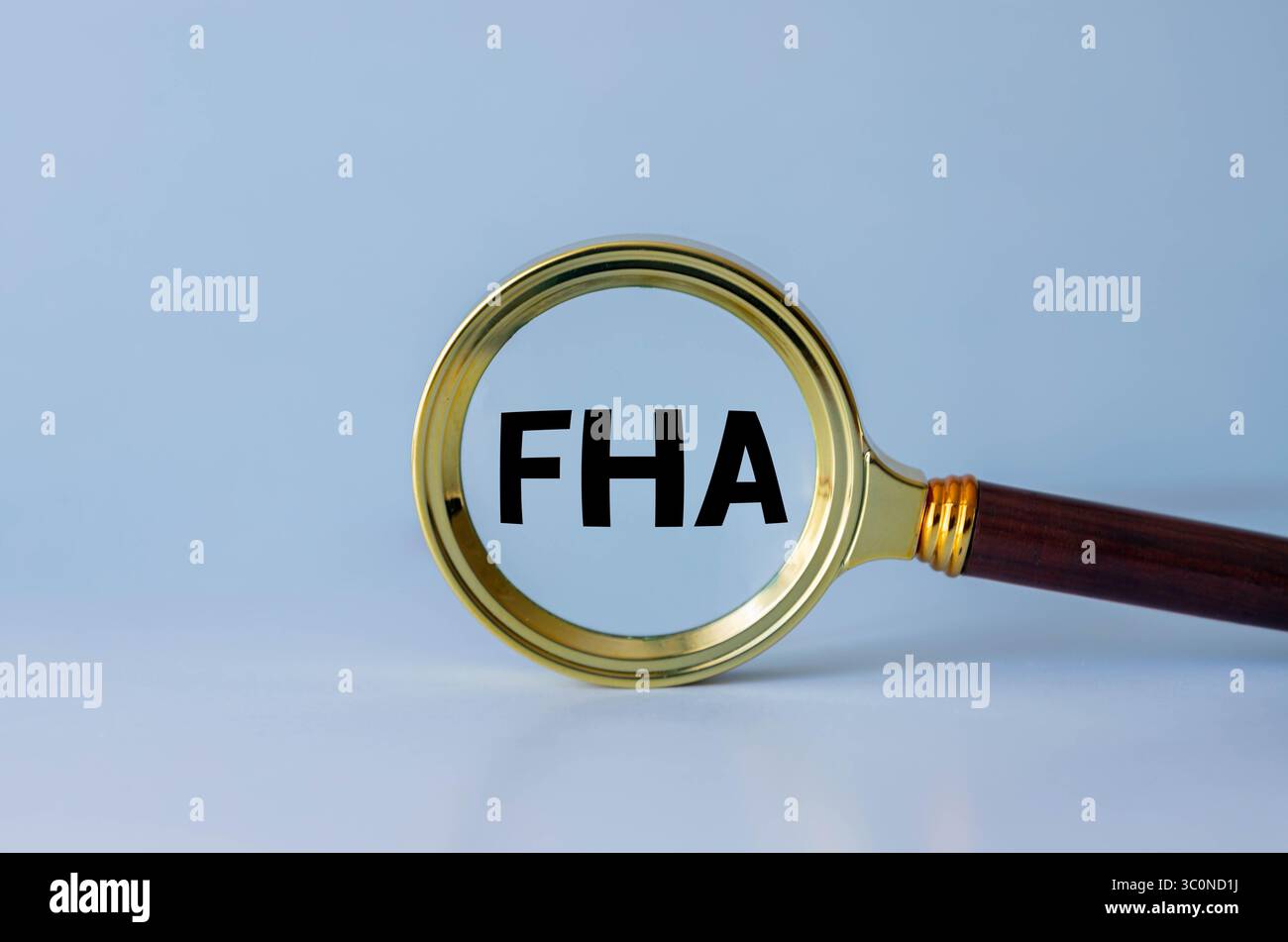 Darlehen der Federal Housing Administration (FHA) helfen Familien mit niedrigem bis mittlerem Einkommen, Wohneigentum zu erlangen. Das Wort steht auf Würfeln, neben dem Haus. Stockfoto
