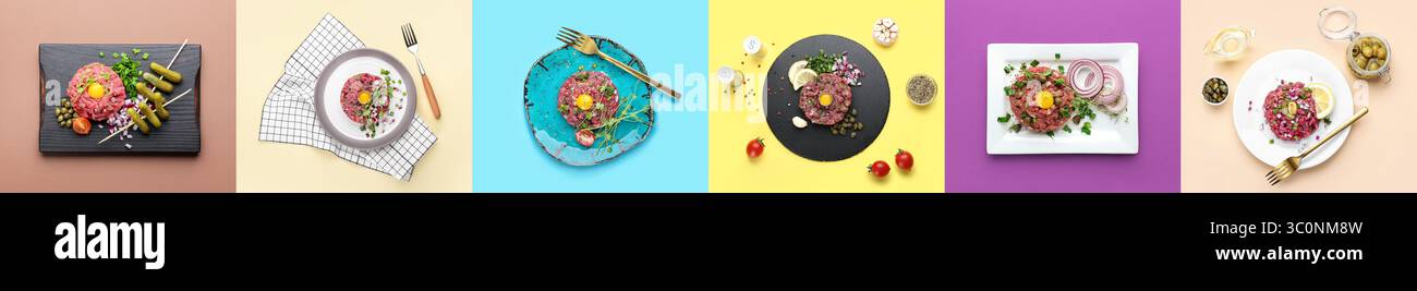 Set von leckerem Rindfleischtartar auf farbigem Hintergrund, Draufsicht Stockfoto