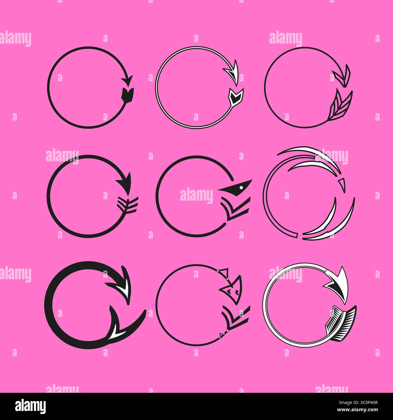 Pfeilsymbole neu laden. Kreisförmige Aktualisierungssymbole. Schwarzes Umrissdesign. Abbildung des Vektorzyklus. Stock Vektor