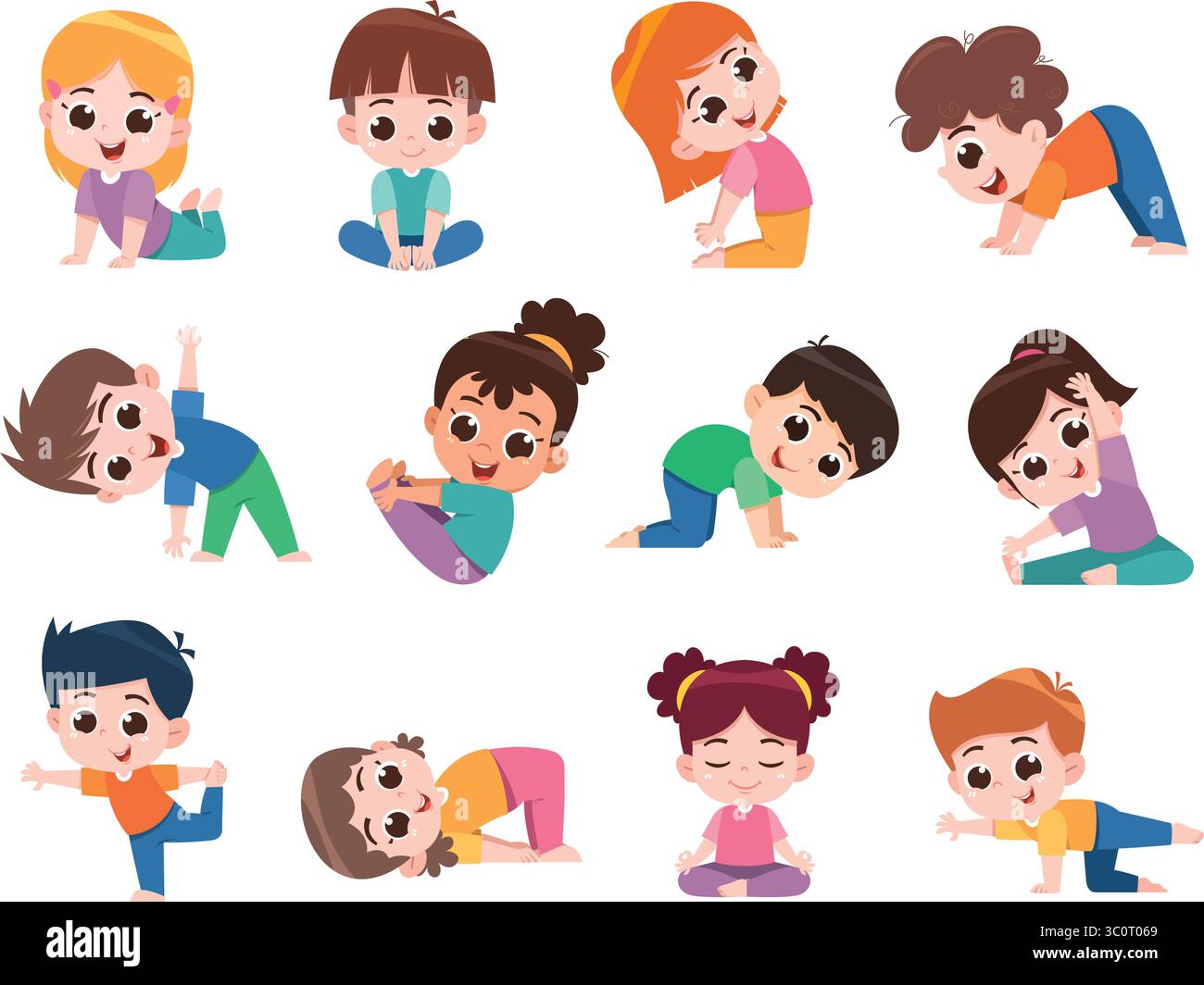 Niedliche Kinder Yoga und Übungen Posen Cartoon Illustration Set Stock Vektor