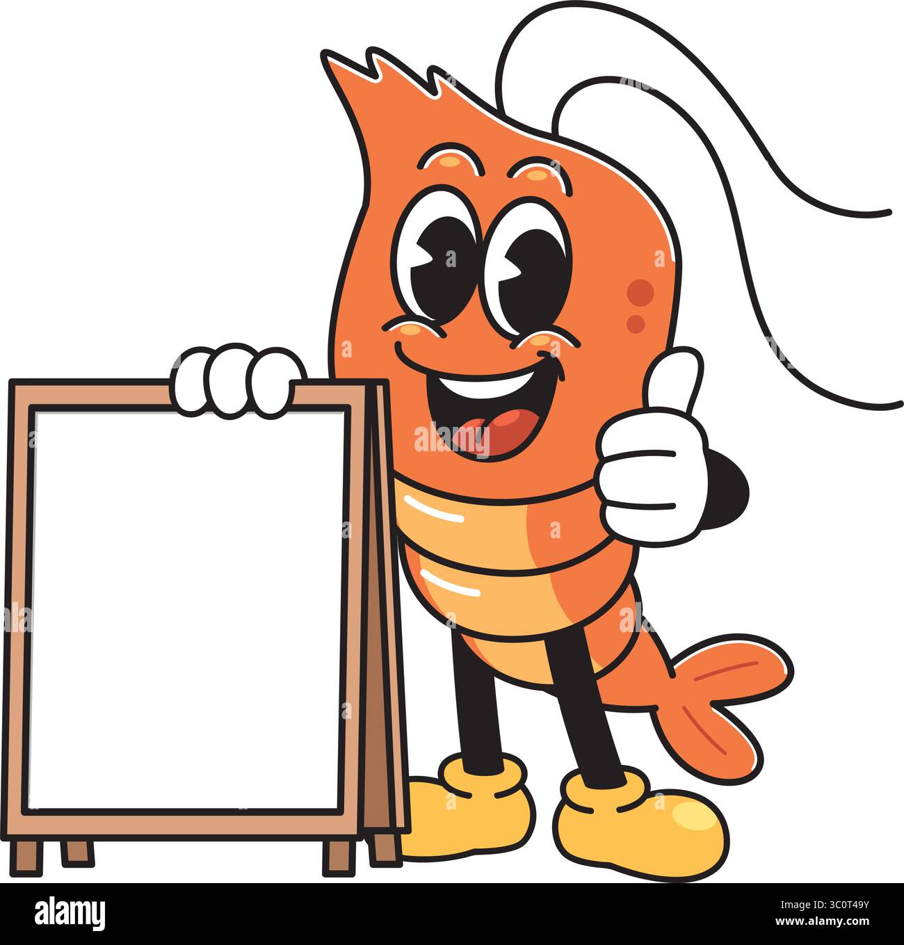 Cartoon Shrimp Maskottchen mit leerem Schild – Meeresfrüchte-Charakter für Werbung Stock Vektor