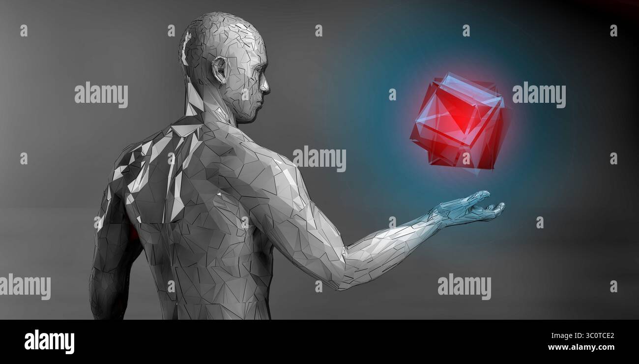 Algorithmus-Belastungskonzept, Dargestellt Durch Wireframe Structure Observing Cube Stockfoto