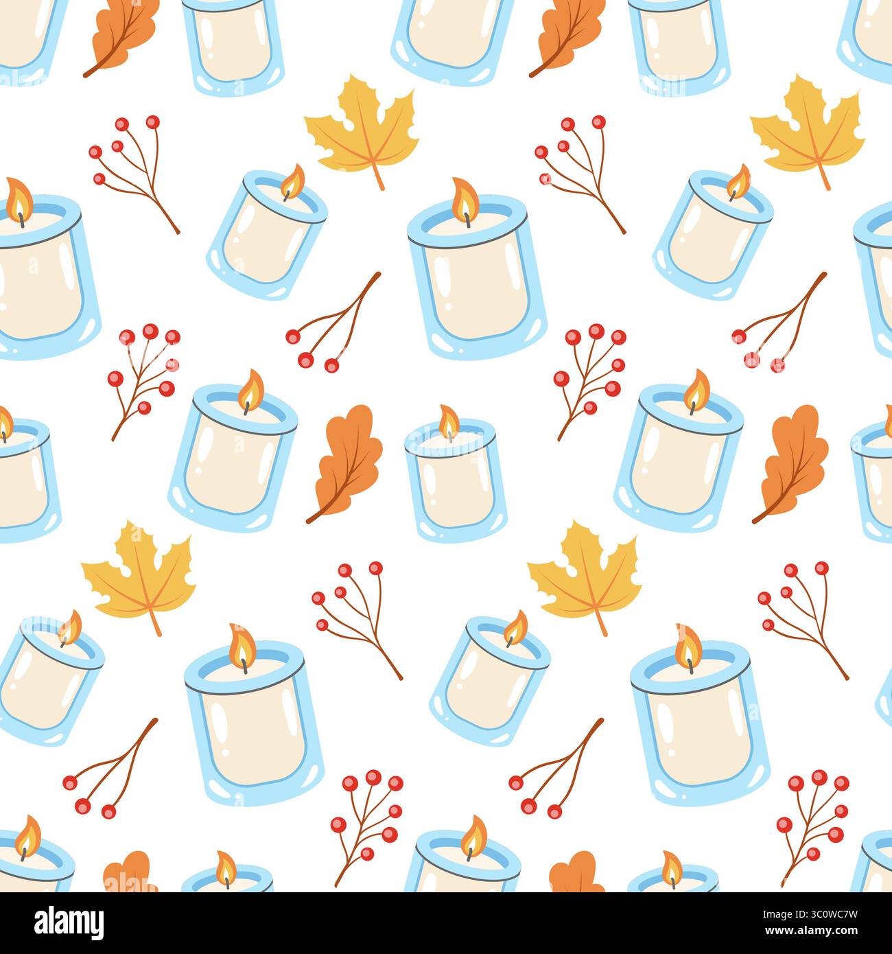 Nahtloses Herbstmuster mit warmer Kerze, Ahornblättern und Beeren, perfekt für Herbstmotive und saisonale Projekte Stock Vektor