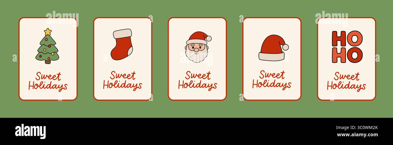 Festliches horizontales Banner mit fünf süßen Sweet Holidays-Karten, Weihnachtsbaum, Strumpf, Weihnachtsmann, Hut und HO HO HO-Schriftzug. Perfekt für die Saison Stock Vektor
