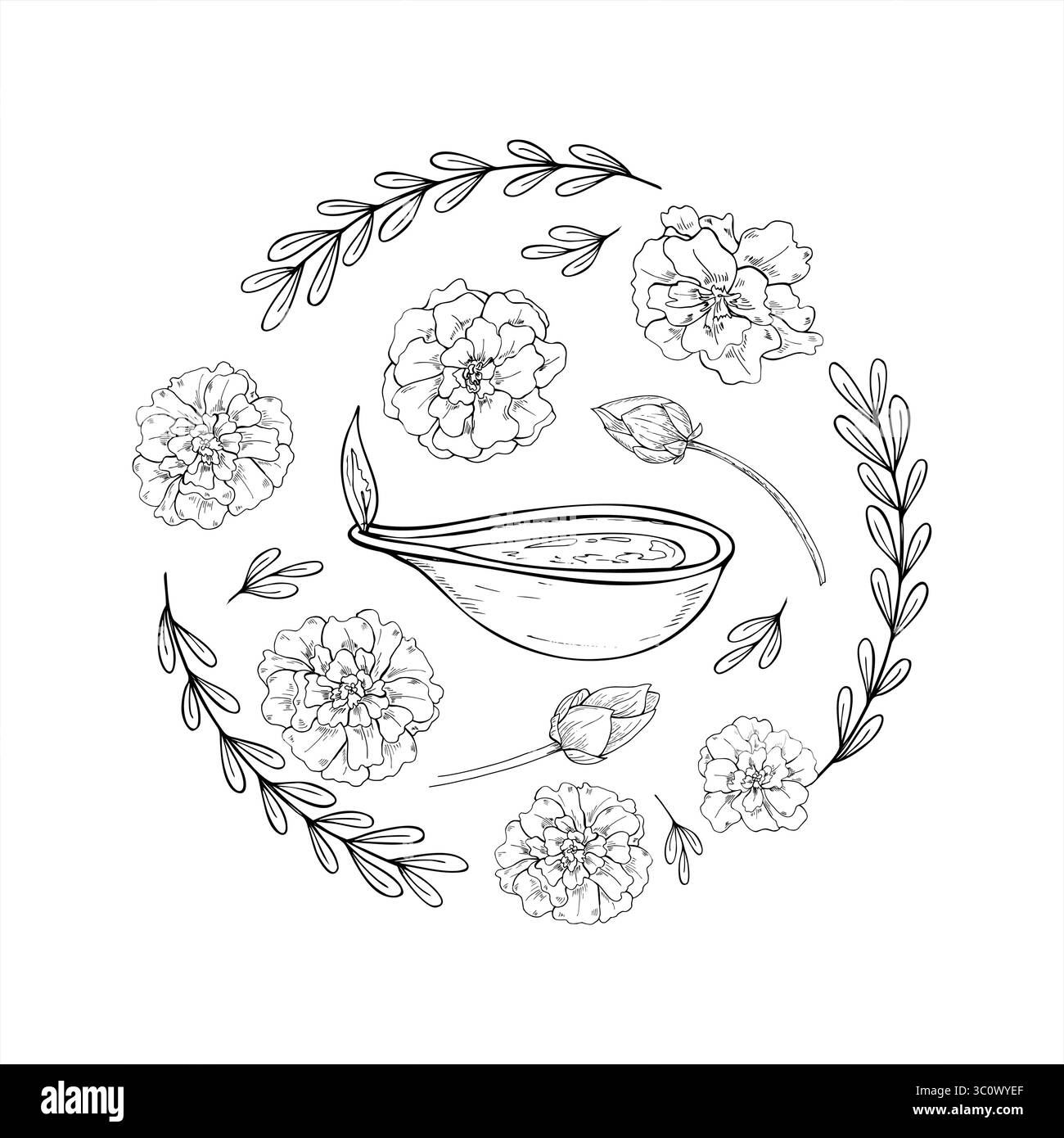 Heilige Diya Kreis schwarz-weiß Vektor Illustration. Indische Lehm-Diya-Lampe mit brennender Flamme umgeben von Ringelblumen und Lotusblüten. Für Diwali Stock Vektor