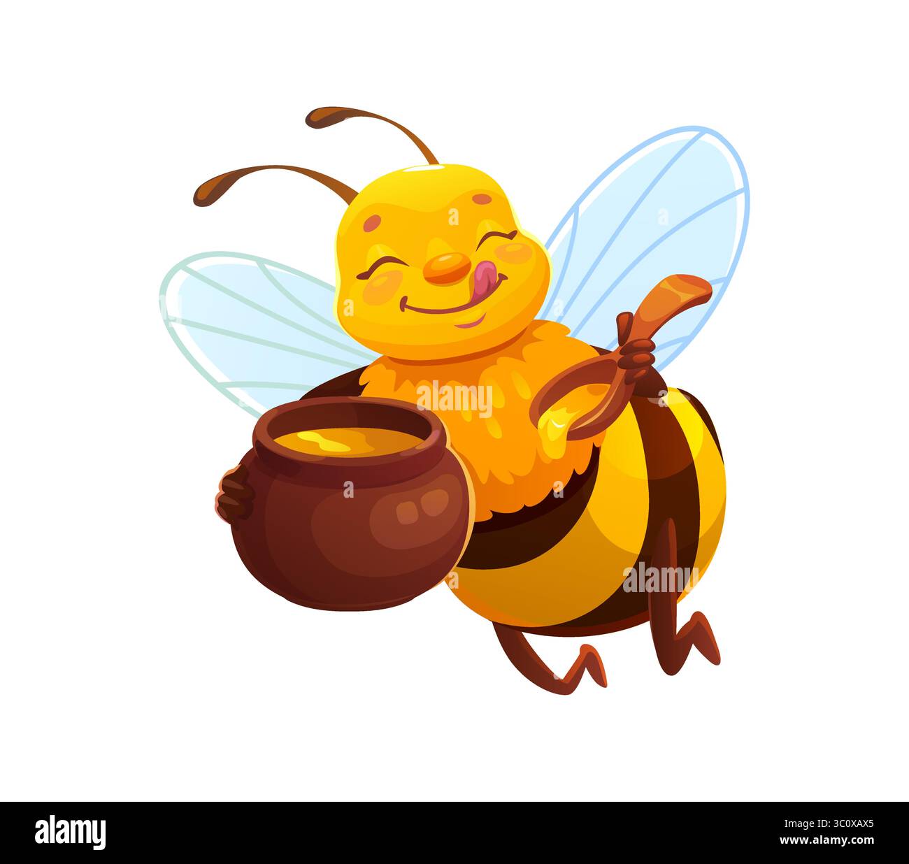 Zeichentrickfigur mit Honigbiene, die einen Topf mit Honig und Holzlöffel hält. Vektorinsektenlecken der Lippen mit zufriedenem Ausdruck. Lustiges Bienenzuchtmaskottchen für Honigernte und süße Produktsammlung Stock Vektor