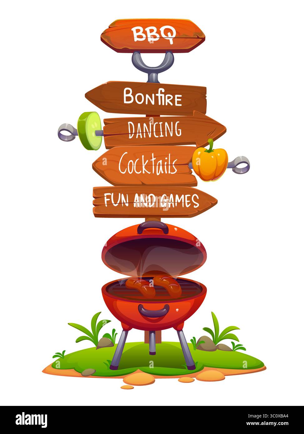 Holzschild für Grillparty, Barbeque-Richtungsschild. Wegweiser im Hinterhof mit Holzpfeilen, die auf Lagerfeuer, Tanz, Cocktails, Spiele zeigen. Darunter befindet sich ein Dampfgrill mit Würstchen Stock Vektor