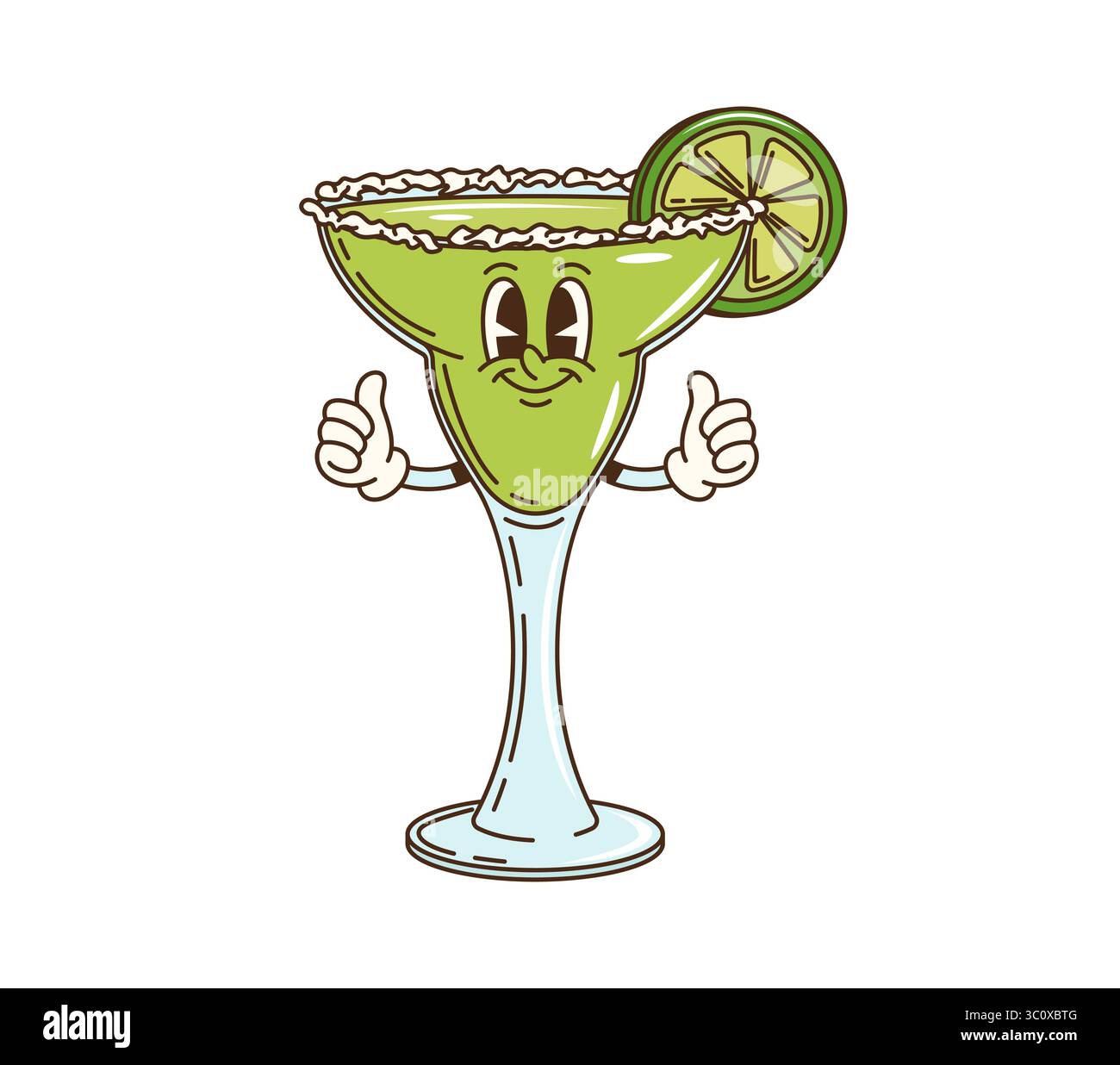 Grooviger Margarita-Cocktailcharakter. Party-Alkohol-Getränk, Bar oder Restaurant-Getränkeglas 70er Jahre Hippie-Persönlichkeit mit Daumen nach oben. Margarita Cocktail mit Limette Limette Groovy Vektor Charakter Stock Vektor