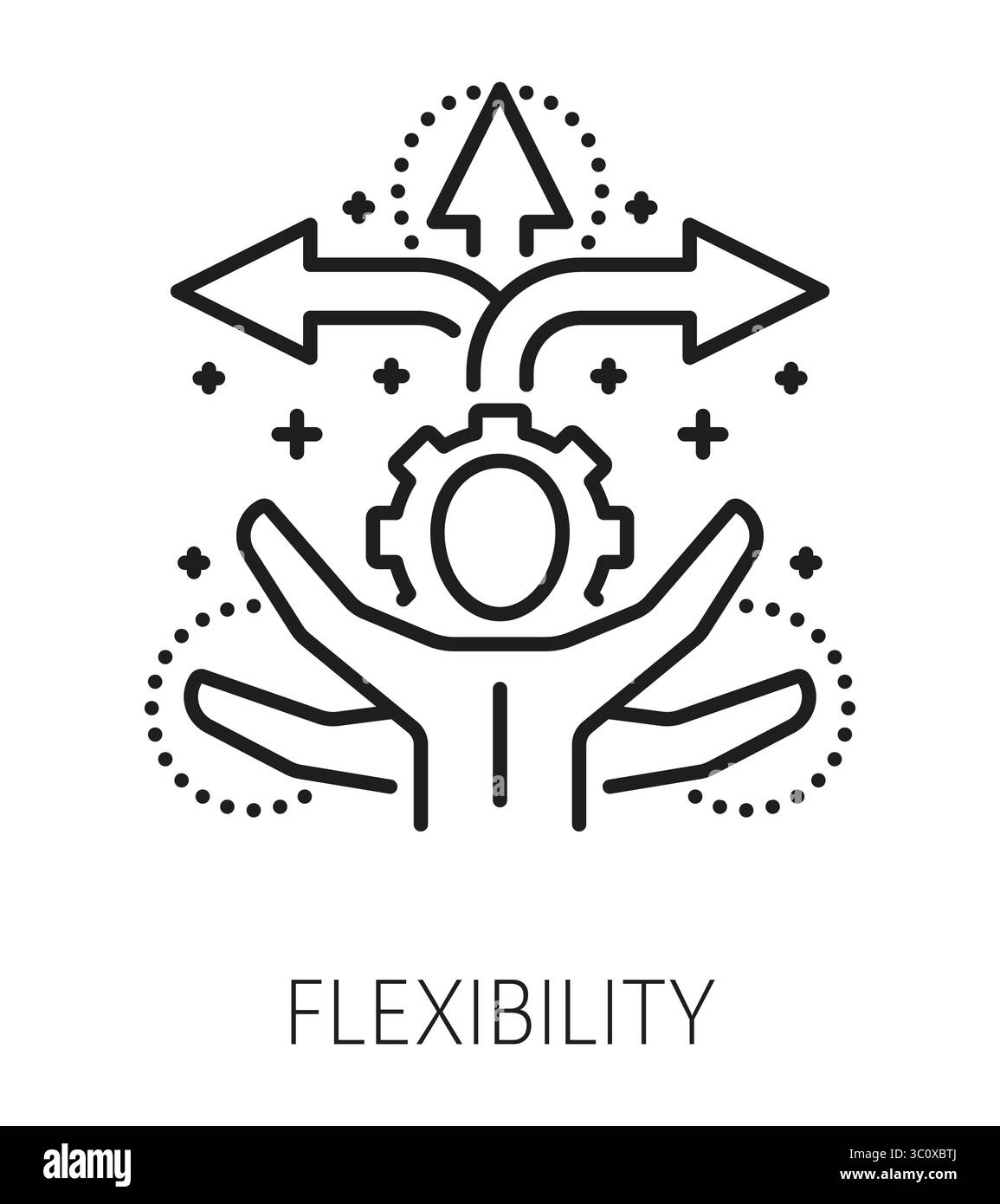 Symbol oder Zeichen für Flexibilität Life Skills. Lineares Vektorzeichen für menschliches Potential, Symbol für dünne Linien in persönlicher Qualität. Piktogramm für die Fähigkeit der Persönlichkeit Flexibilität oder Symbol für die Fähigkeit der Lebensfähigkeit mit Multitasking-Person Stock Vektor