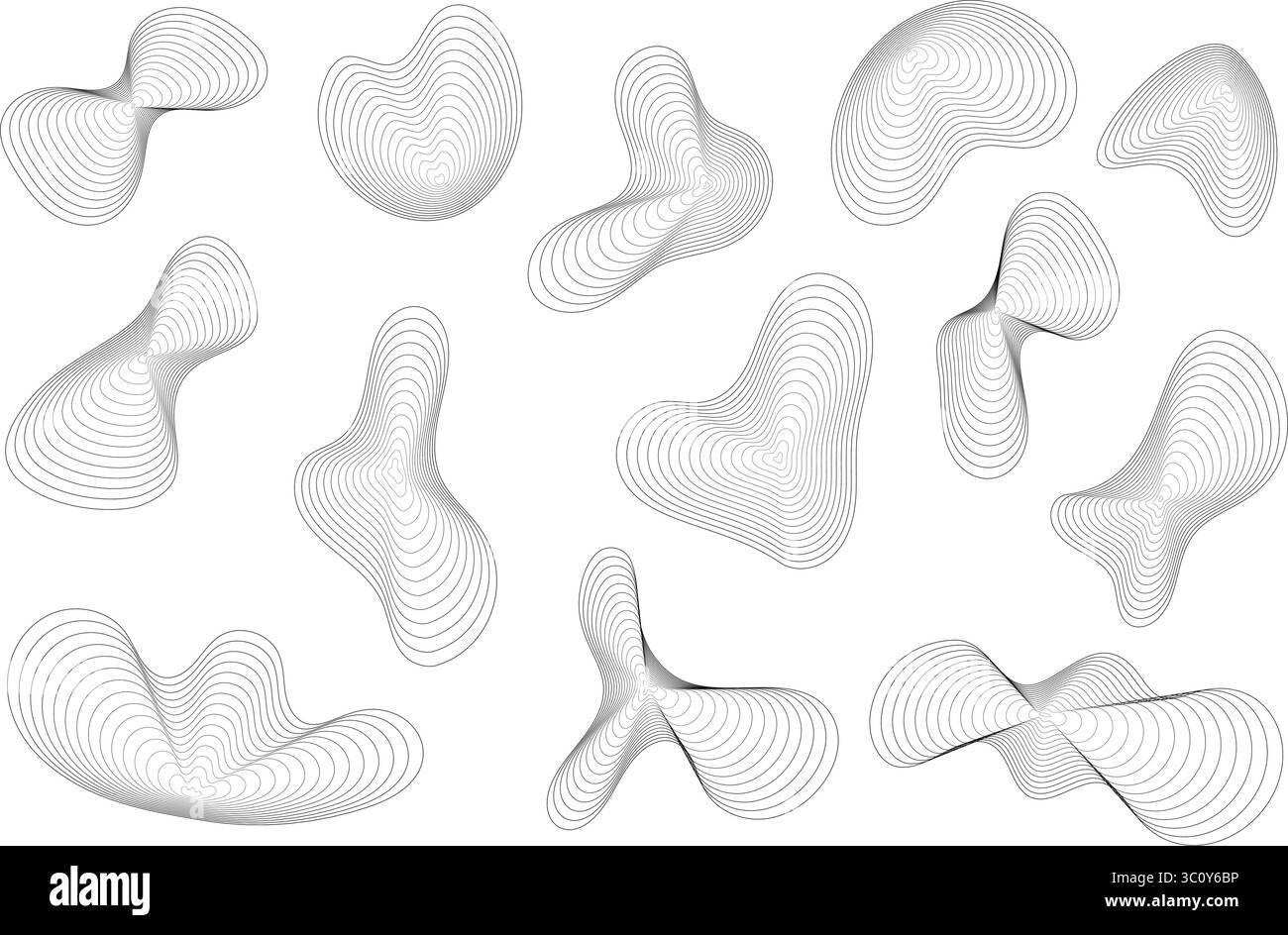 Topographische organische Formen mit abstraktem kreisförmigem Wellenmuster. Vektorkonzentrische Klanggrafik auf weißem Hintergrund. Konturfluidgitter von Stock Vektor