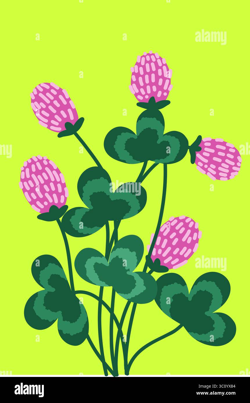 Hand gezeichnetes flaches Vektorplakat mit lokalisiertem zarten Blumenstrauß aus wilden Kleeblüten mit grünen Blättern auf bunter Hintergrund. Perfekt für botan Stock Vektor Hand gezeichnetes flaches Vektorplakat mit lokalisiertem zarten Blumenstrauß aus wilden Kleeblüten mit grünen Blättern auf bunter Hintergrund. Perfekt für botan Stock Vektor