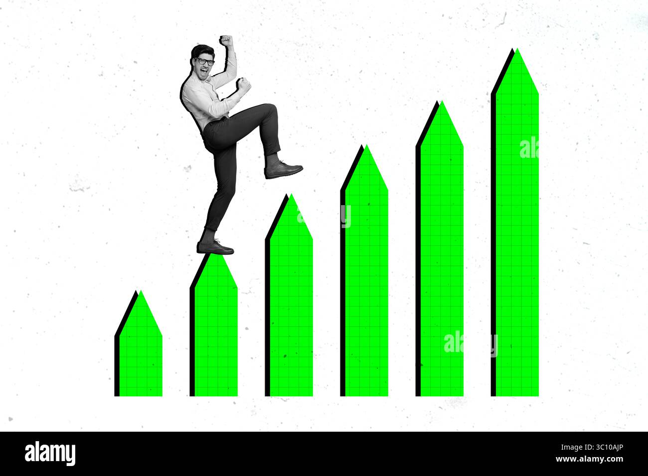 Bild voll Pop Trend Collage von glücklichem Geschäftsmann Stand Chart Entwicklung Statistiken Ziel Ziel Bestimmung Chance Stockfoto