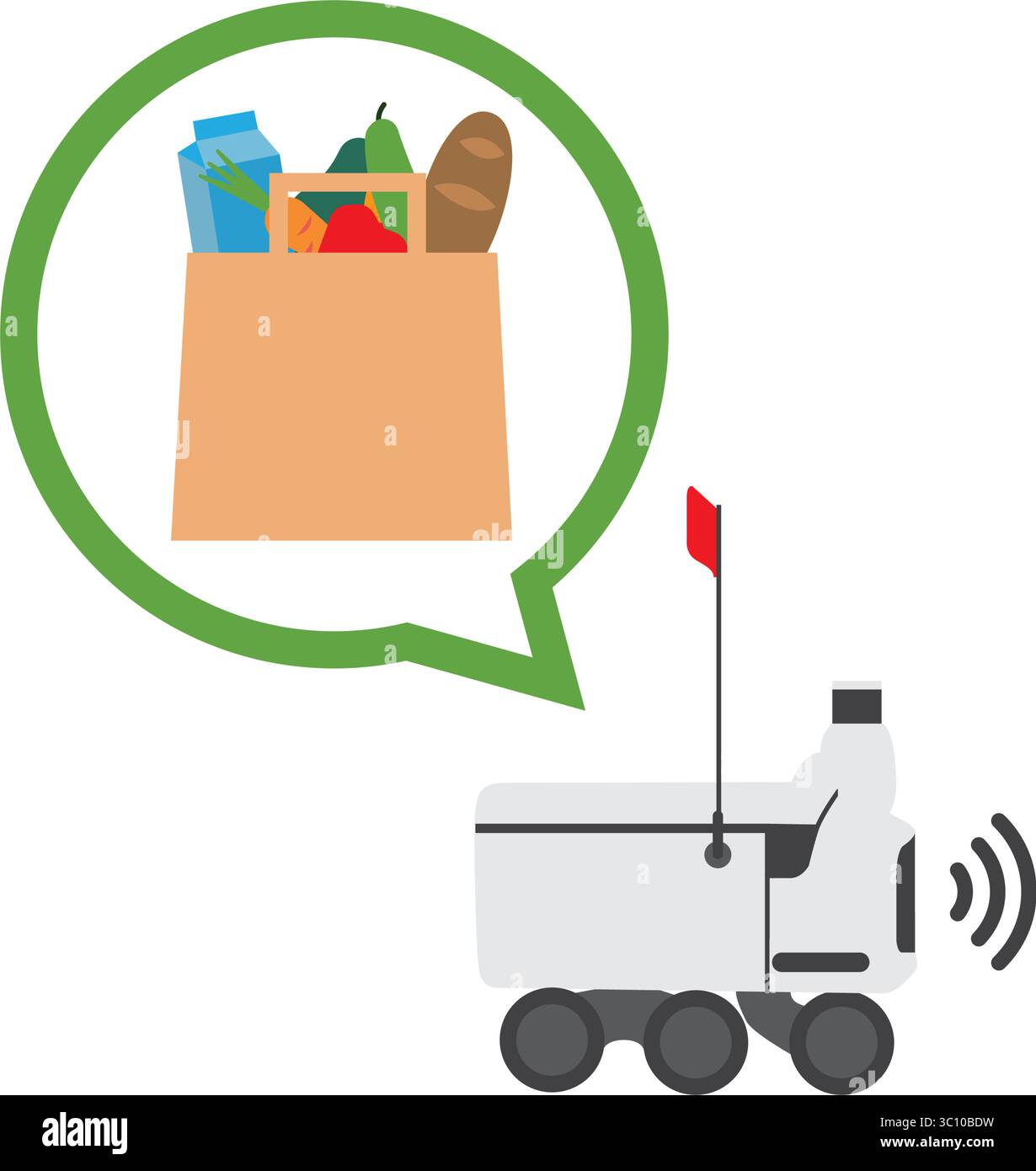 Autonomer Lieferroboter, der Lebensmittel in einer Tasche liefert, Lieferung nach Hause und Robotik-Konzept isoliert Stock Vektor