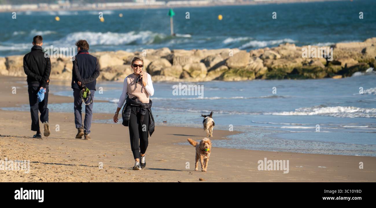 Frau am Telefon macht einen gemütlichen Spaziergang mit ihrem Hund am Avon Beach in Dorset während des frühen Herbstes, während die Wellen die Küste umrunden Stockfoto