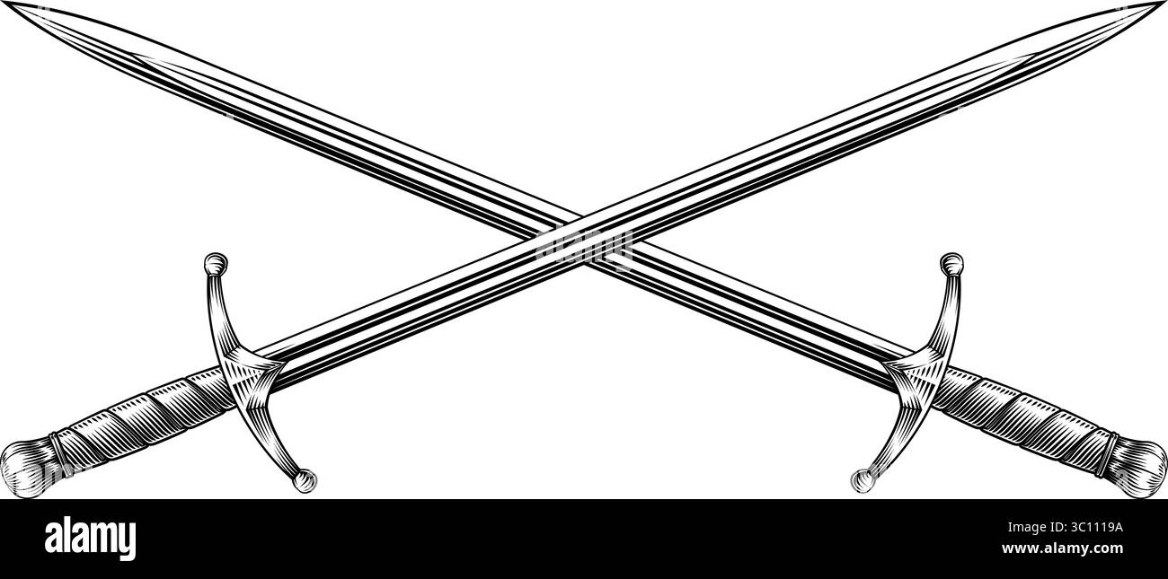 Illustration Im Vintage-Stil Mit Gekreuzten Mittelalterlichen Schwertern Stock Vektor
