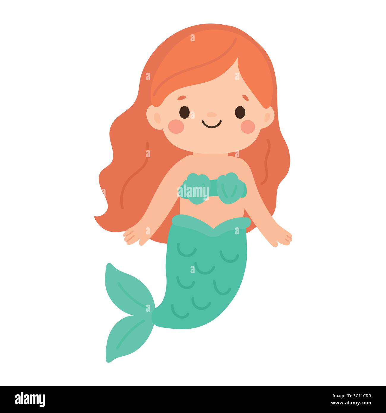 Niedliches rotes Meerjungfrau Mädchen mit grünem Schwanz und Oberteil, ideal für Fantasy-Kinderbücher, Meeresprinzessinnen-Geschichten und Märchenthemen Stock Vektor