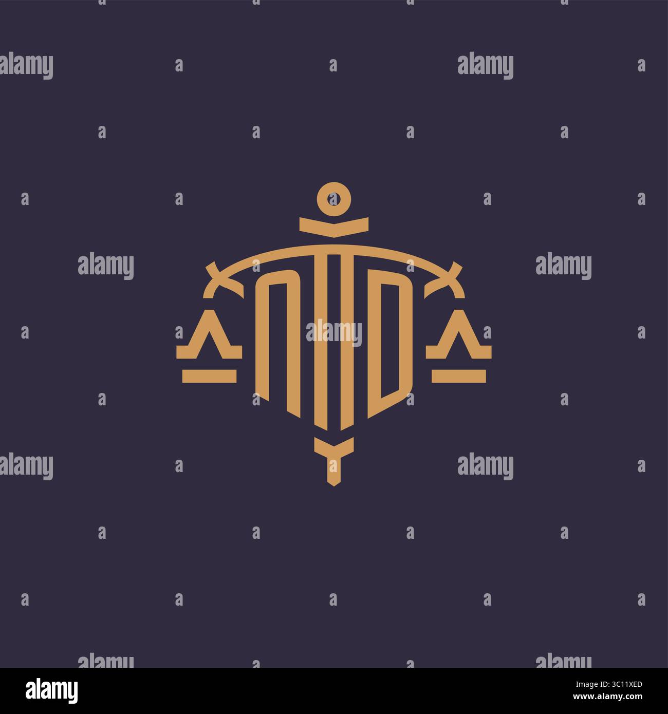 Monogramm-ND-Logo für Anwaltskanzlei mit geometrischer Skala und Vektorgrafik im Schwertstil Stock Vektor