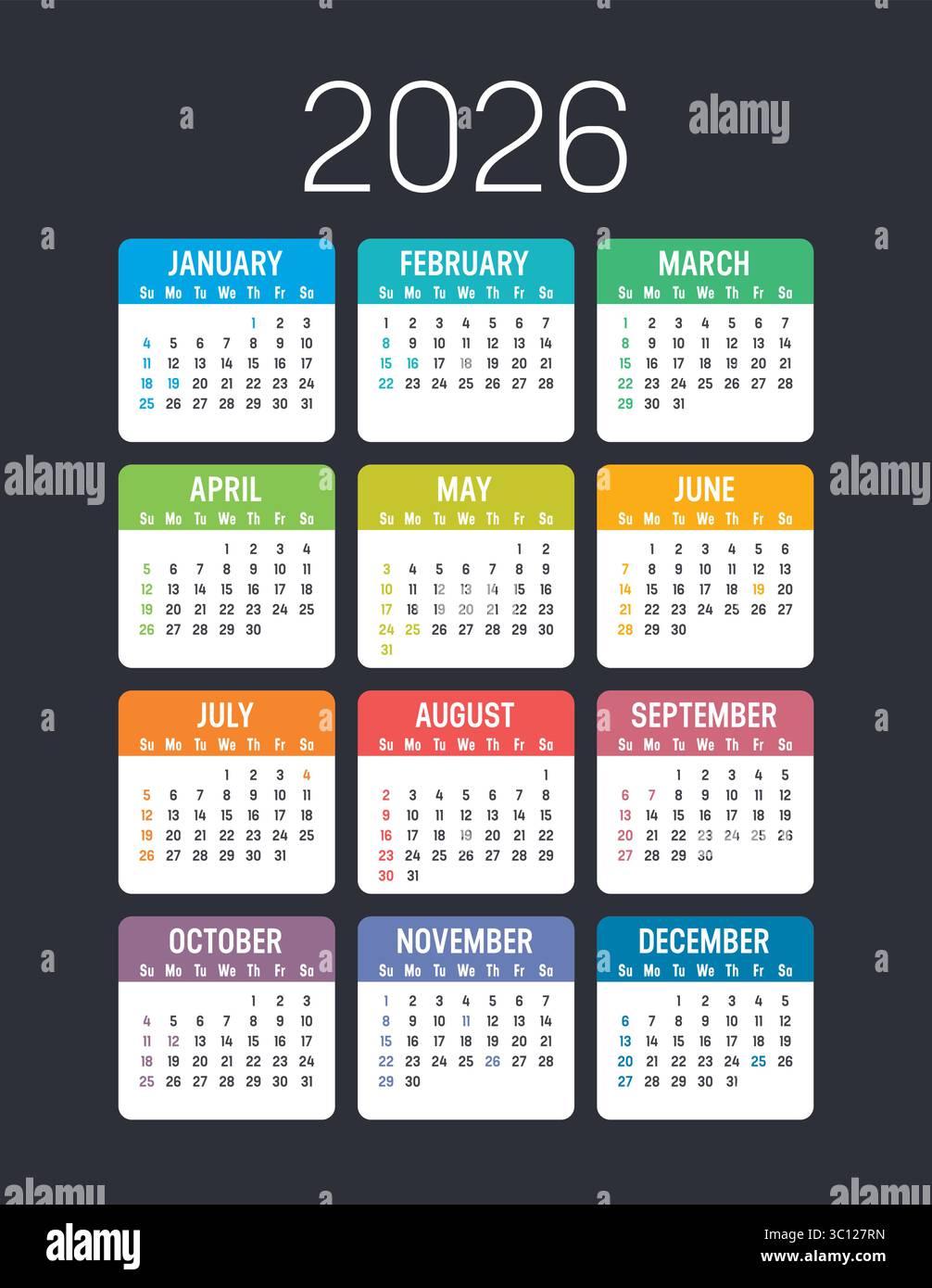 Jahr 2026 amerikanischer bunter Kalender auf dunklem Hintergrund, Wochen beginnen Sonntag, USA Ferien, Vektorvorlage auf Englisch Stock Vektor