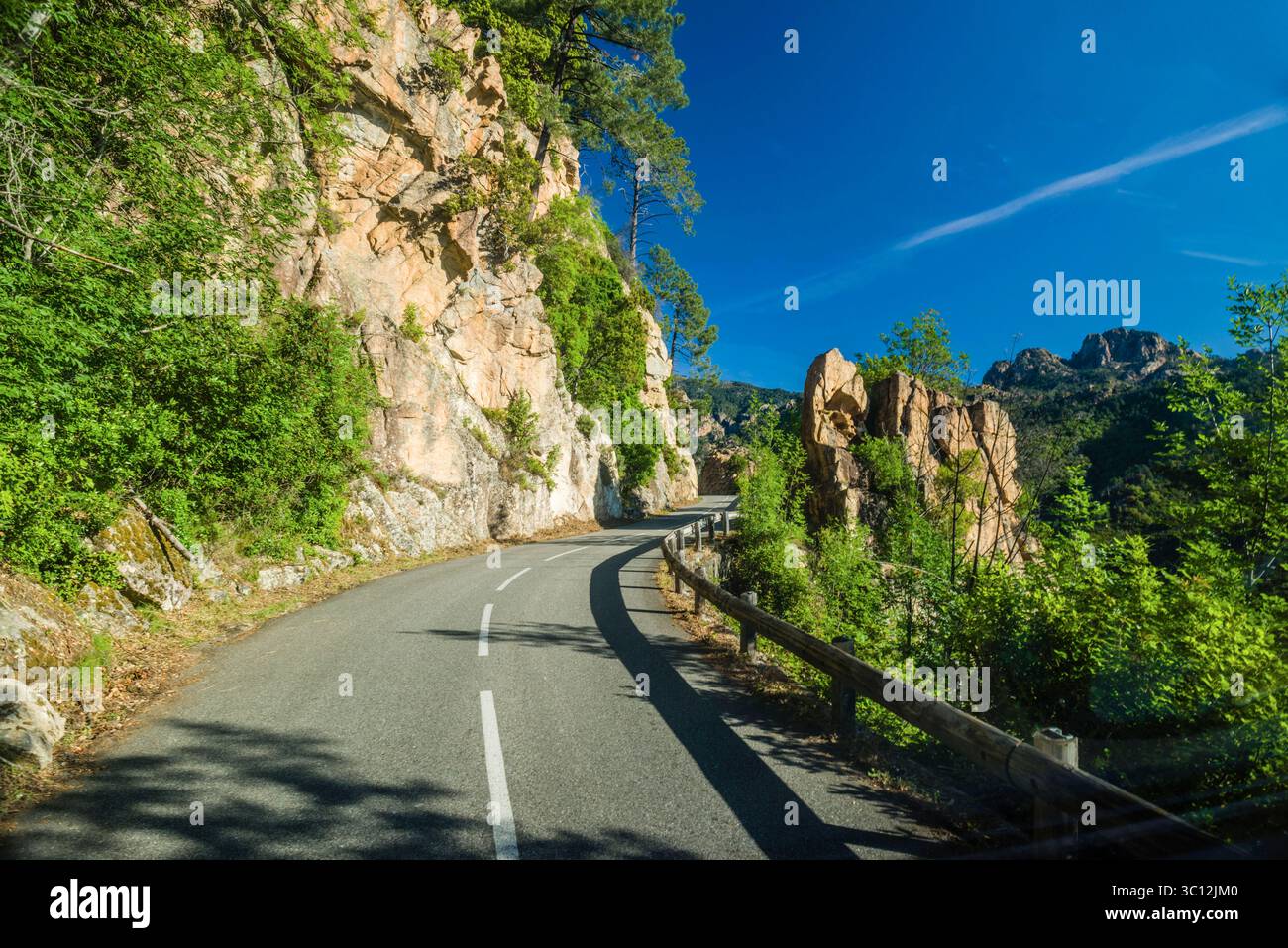 Eine Bergtrasse schlängelt sich am Col de Bavella durch den Wald. Korsika, Frankreich. Korsika, Frankreich. Eine Bergtrasse am Col de Bavella *** Eine Bergstraße führt durch den Wald bei Col de Bavella Corsica, Frankreich Korsika, Frankreich Eine Bergstraße bei Col de Bavella Stockfoto