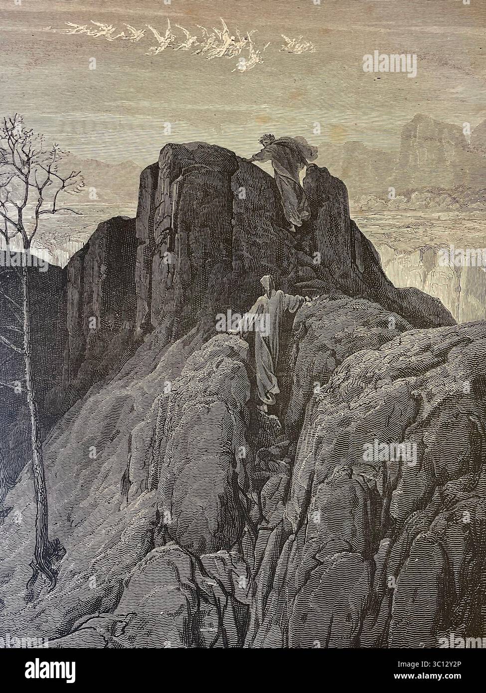 Foto eines Bildes aus Dantes Göttlicher Komödie, Fegefeuer, das Vergil und Dante Alighieri auf dem Fegefeuer darstellt. Zeichnung: Gustave Doré, Stich: PA Stockfoto