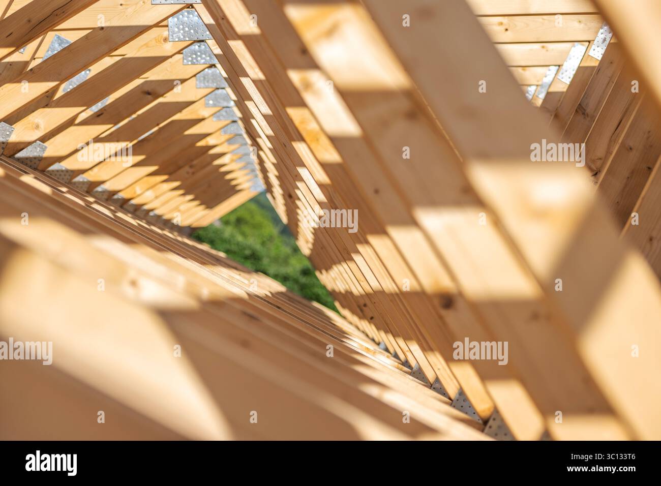 Ein einzigartiger Holzrahmen lässt das Sonnenlicht durchdringen und schafft ein Zusammenspiel von Licht und Schatten in einem Landschaftsbereich bei Tageslicht. Stockfoto