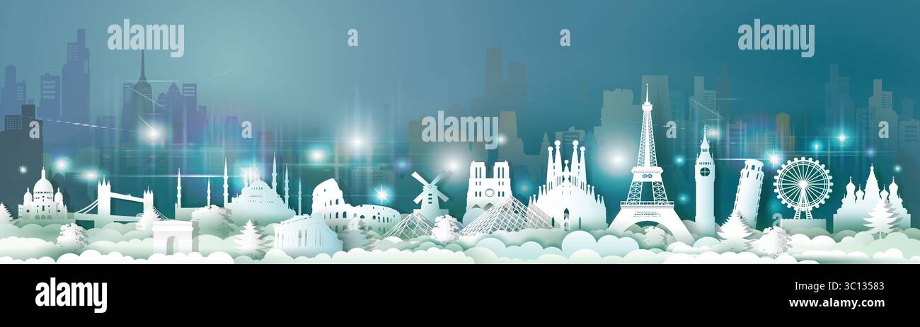 Reisen Sie Europa Wahrzeichen der Welt mit Wolkenkratzern bei Nacht, Reisen Welt mit Stadtpanorama, beliebte Hauptstadt mit Skyline, Origami Papier. Stock Vektor