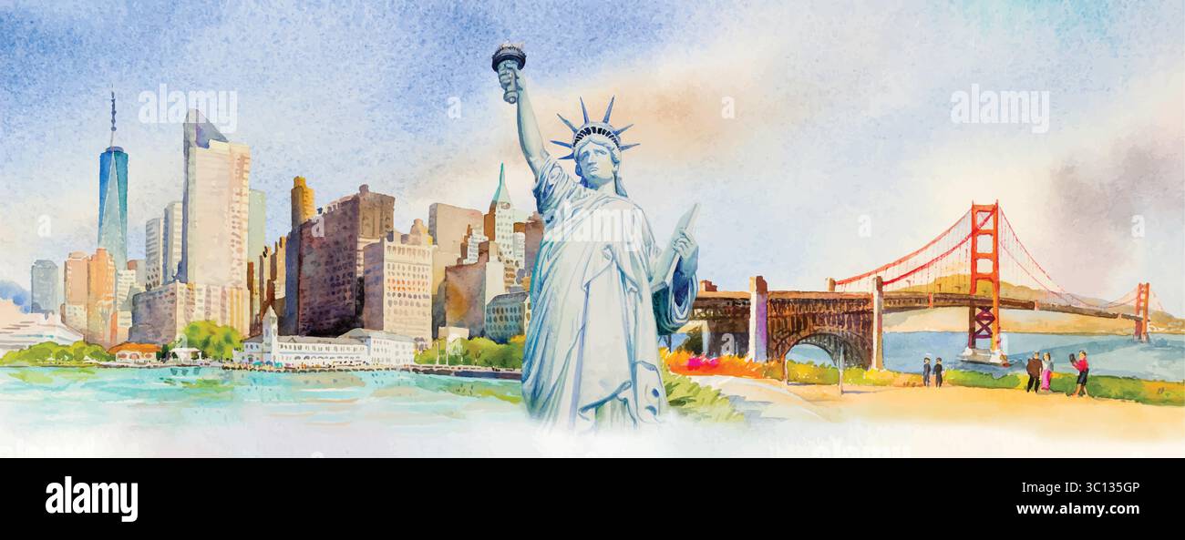 Reisen Sie durch Manhattan, Freiheitsstatue, Golden Gate Bridge in den USA. Berühmte Wahrzeichen der Welt. Aquarellmalerei Stadtlandschaft, Architektur und Business. Stock Vektor
