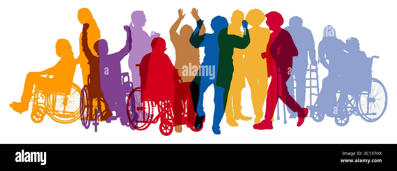 Farbenfrohe Silhouetten vieler verschiedener älterer Menschen in ihrer Freizeit mit unterschiedlichen Mobilitätsbedürfnissen Stockfoto