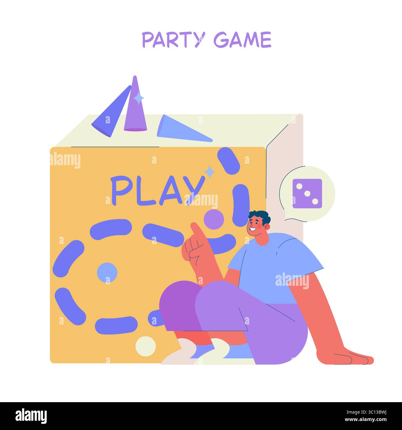 Vektor-Illustration einer fröhlichen Person, die mit einem Partyspiel interagiert. Zeigt einen großen Spielblock und Würfel, der eine interaktive und unterhaltsame Aktivität hervorhebt. Stock Vektor