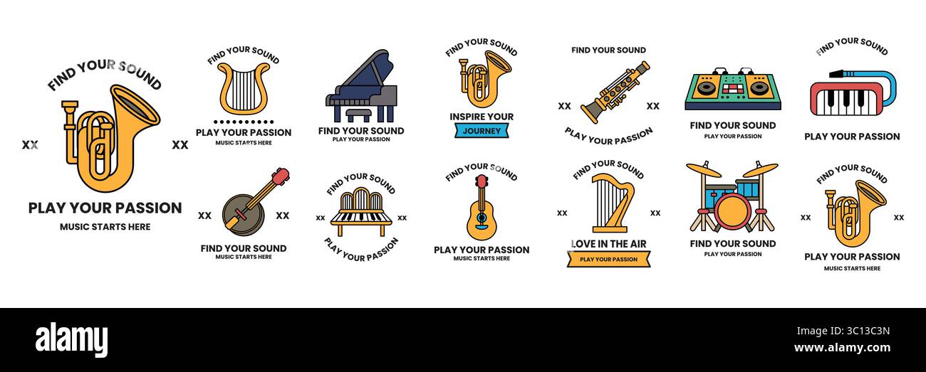 Eine Sammlung musikalischer Symbole und Logos Stock Vektor