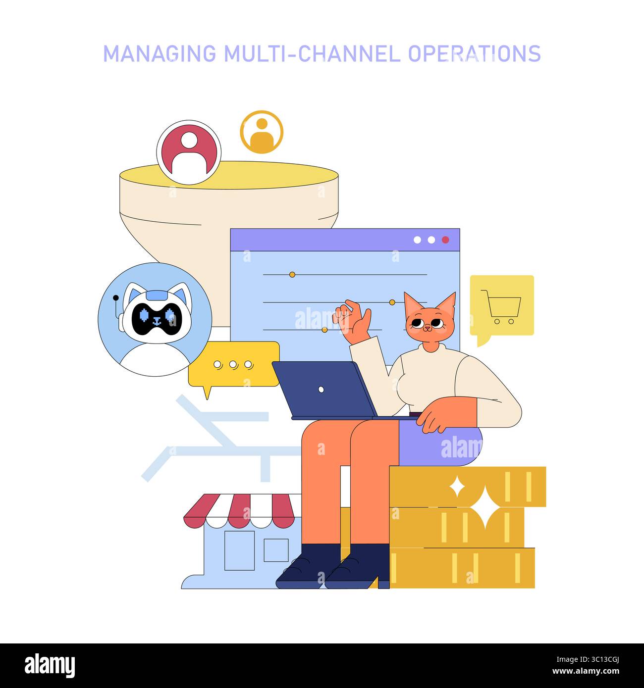 KI-Integration verbessert die betriebliche Effizienz für mittelständische Manager. Die Abbildung zeigt ein optimiertes Multi-Channel-Management, das sich auf datenbasierte Entscheidungen und optimierte Workflows konzentriert. Stock Vektor