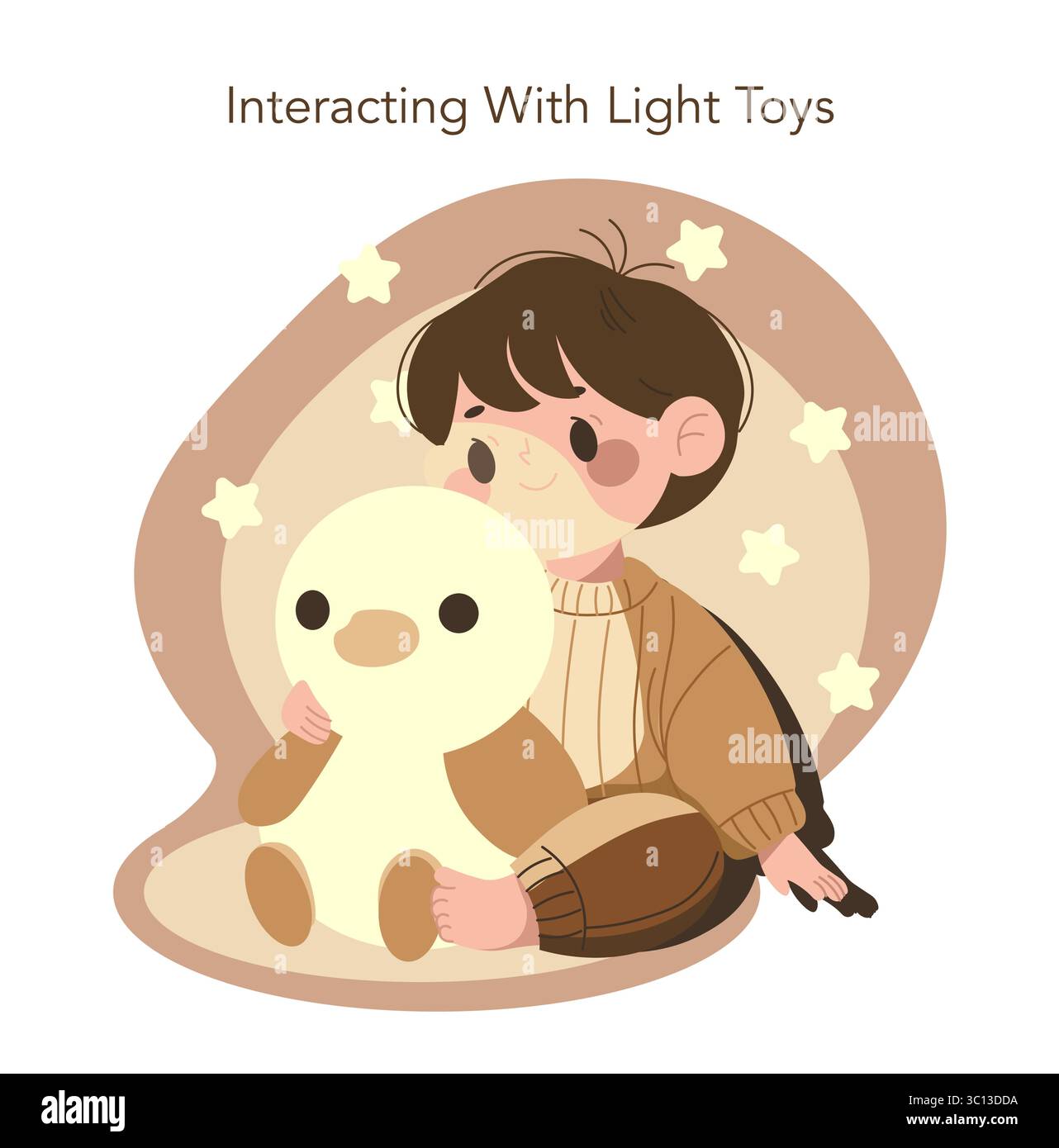 Kind kuschelt ein leuchtendes, entenförmiges Lichtspielzeug in dieser bezaubernden Vektor-Illustration. Das Kind mit einem fröhlichen Ausdruck ist von sanften sternförmigen Lichtern umgeben, die ein gemütliches Ambiente schaffen. Stock Vektor