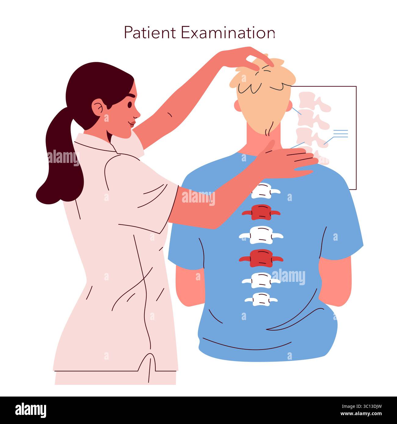 Vektorillustration eines Chiropraktors, der eine Wirbelsäulenuntersuchung an einem Patienten anhand eines visuellen Wirbelsäulendiagramms durchführt. Die Interaktion vermittelt eine professionelle medizinische Beurteilung. Stock Vektor