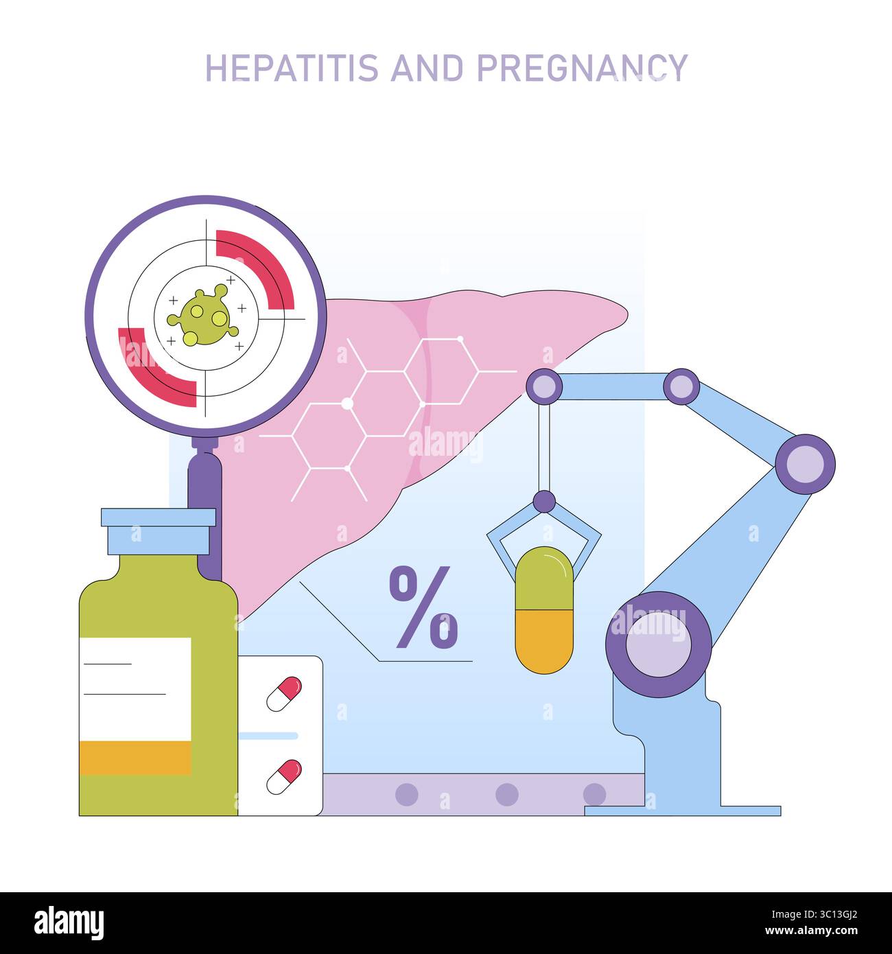 Vektor-Illustration, die Hepatitis und Schwangerschaft darstellt, mit einer Leber, Virusvergrößerung, Pillen und einem Roboterarm. Hebt Gesundheitsaspekte im Zusammenhang mit der Gesundheit von Leber und Mutter hervor. Stock Vektor