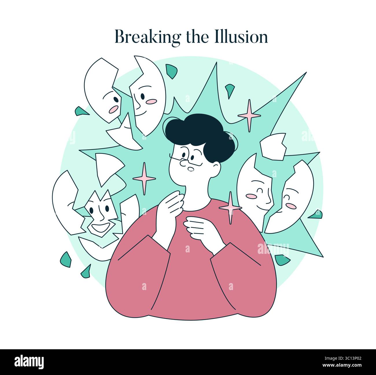 Psychologie des Selbstakzeptanzkonzepts. Jemand bricht falsche Masken und enthüllt das wahre selbst. Wachstum und Selbstzweifel überwinden. Selbstbewusstsein und Authentizität. Vektorabbildung. Stock Vektor