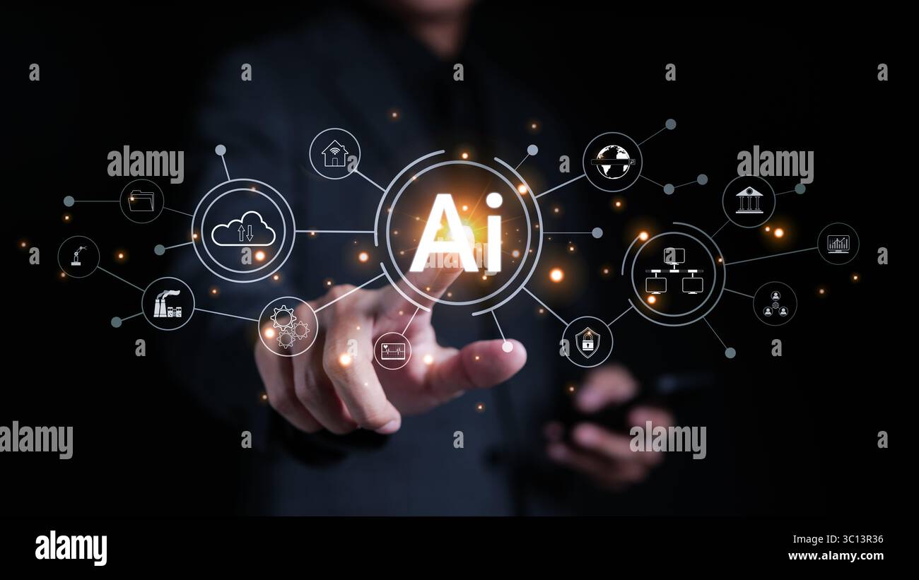 Technologiekonzept künstliche Intelligenz (KI). Geschäftsmann berührt KI-Symbol von Hand. Digitale Transformation, Internet der Dinge, Einsatz von KI als Hilfestellung Stockfoto