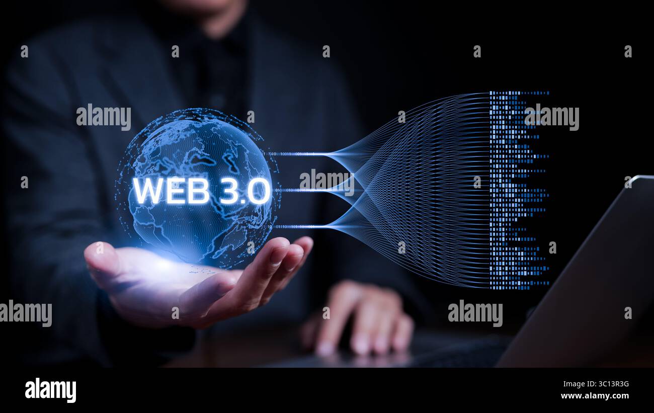 WEB 3,0-Technologiekonzept. Geschäftsmann Hand zeigt futuristische Internet 3,0 Verbindung virtuelle Realität. Big Data mit künstlicher KI, Web Stockfoto